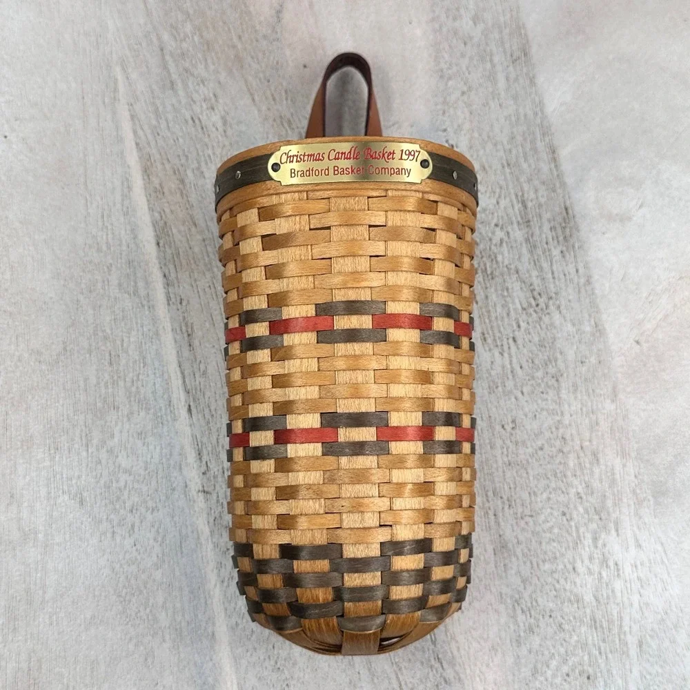 Bradford Basket Company 1997 Christmas Candle Basket Woven Wood Leather Handle